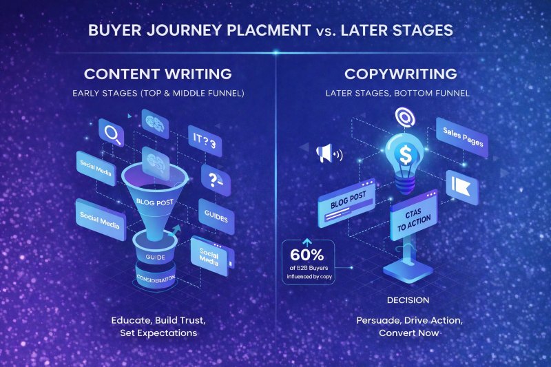 Buyer journey placement diagram: Content Writing for early funnel stages; Copywriting for late-stage conversion, showing 60% of B2B buyers influenced by copy