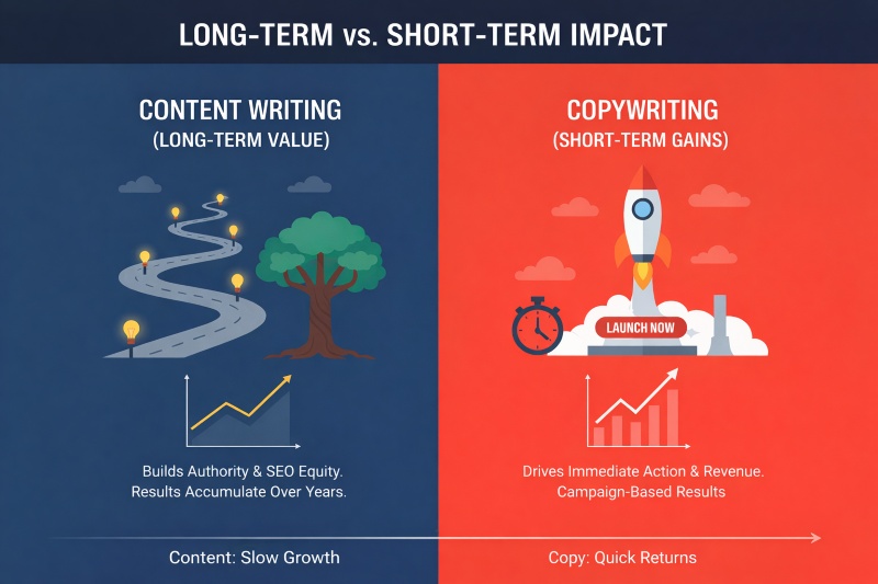 Comparison chart: Content Writing (long-term value) vs Copywriting (short-term gains), showing ROI timelines and impact metrics