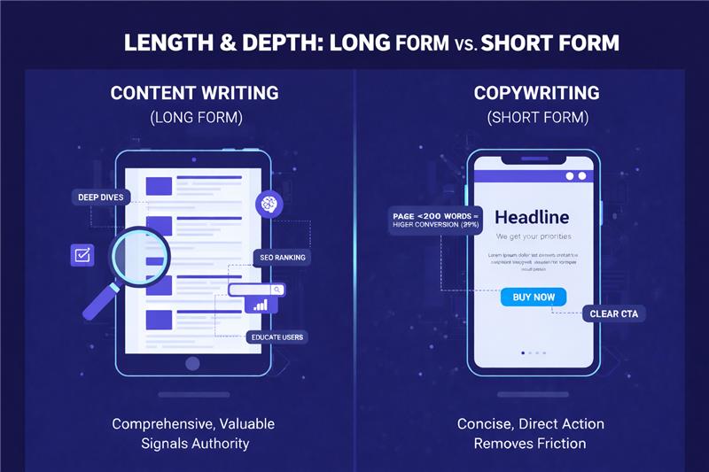 Long form vs short form content comparison: Content Writing shown as detailed webpage article; Copywriting as concise mobile screen with clear CTA
