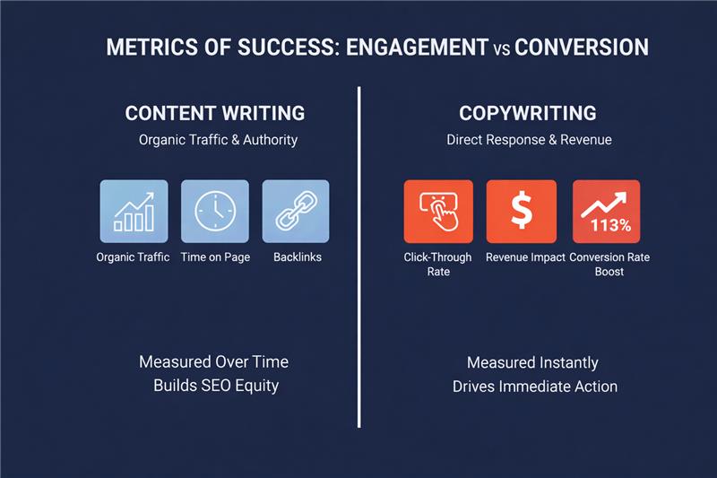 Metrics comparison: Content Writing success measured by organic traffic, time on page, backlinks; Copywriting by click-through rate, revenue impact, 113% conversion boost
