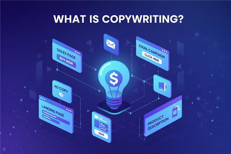 Copywriting ecosystem diagram: Dollar-sign lightbulb centered with connected elements including sales pages, email campaigns, ad copy, landing pages, and product descriptions